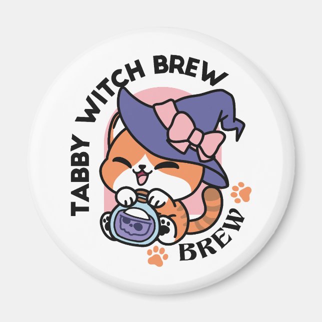 Tabby Hexentrank – Süßes Halloween-Katzendesign Magnet (Vorne)