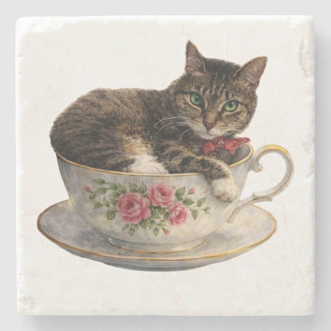 Tabby in einer Teetasse Steinuntersetzer (Vorderseite)