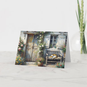 Tabby-Katze auf der alten Bank Karte