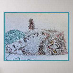 Tabby-Katze Niedlich Lustige quirlig Katzen Teal-W Poster