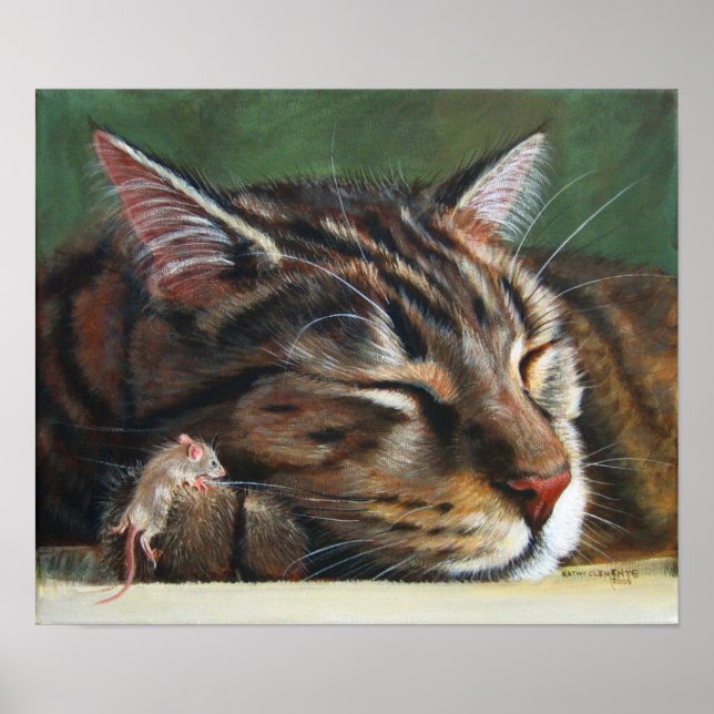 Tabby Katze schlafend winzige Maus Poster (Vorne)