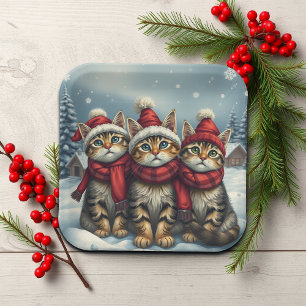 Tabby Katzen in Preppy Winter Attraktion und Hat W Pappteller