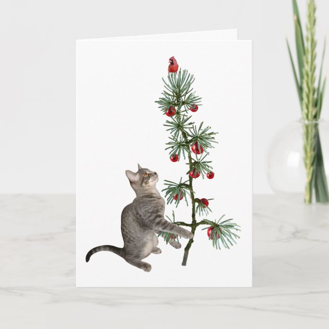 Tabby Kitten Christmas Tree Card Karte (Vorderseite)