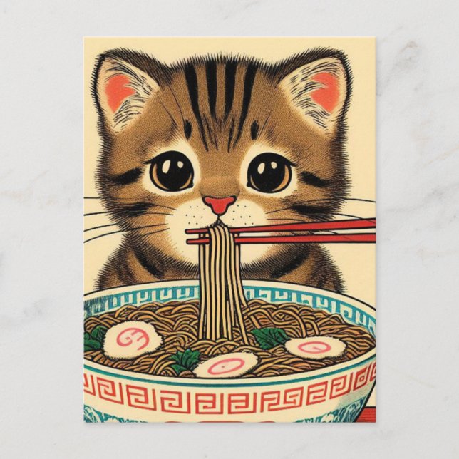 Tabby Kitten Eating Ramen Woodblock Print Postkarte (Vorderseite)