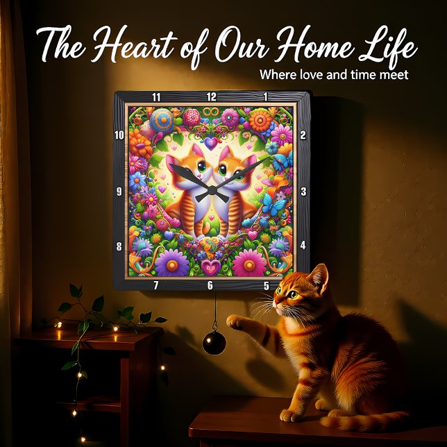 Tabby Kitten Floral Heart Wall Quadratische Wanduhr (Von Creator hochgeladen)
