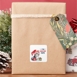 Tabby Kitten in Weihnachtsmannmütze Frohe Weihnach Quadratischer Aufkleber