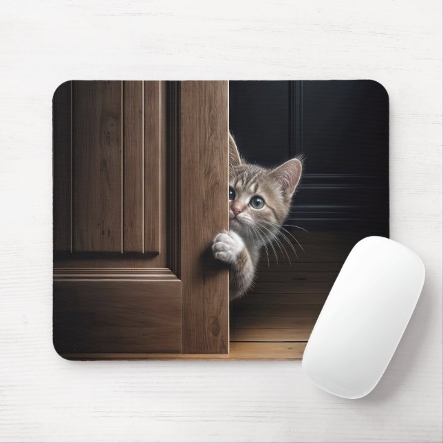 Tabby Kitten Pinkeln um eine Holztür Mousepad (Mit Mouse)