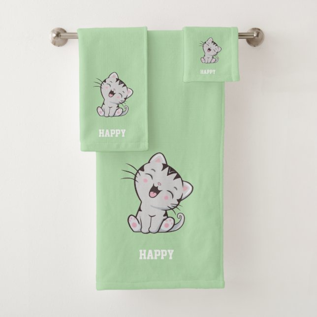 Tabby Kitty Cat & Name Text auf Light Green Badhandtuch Set (Insitu)
