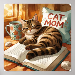 Tabby on a Book - Watercolor Cat Lover Scene Poster