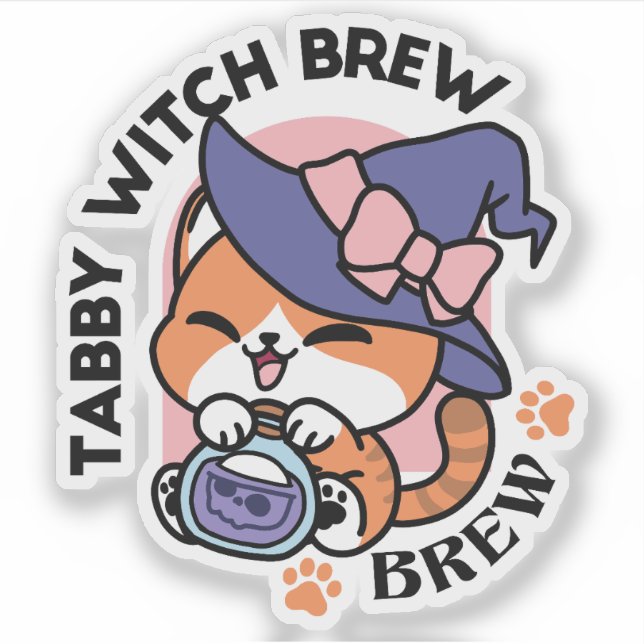 Tabby Witch Brew – Cute Halloween Cat Design Aufkleber (Vorderseite)