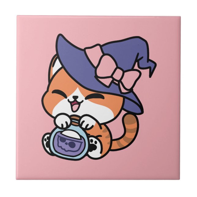 Tabby Witch Brew – Cute Halloween Cat Design Fliese (Vorderseite)