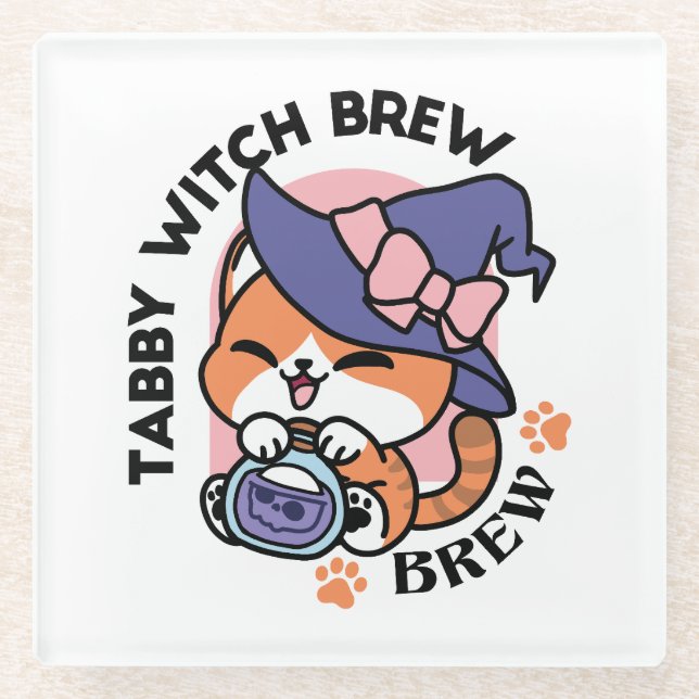 Tabby Witch Brew – Cute Halloween Cat Design Glasuntersetzer (Vorderseite)