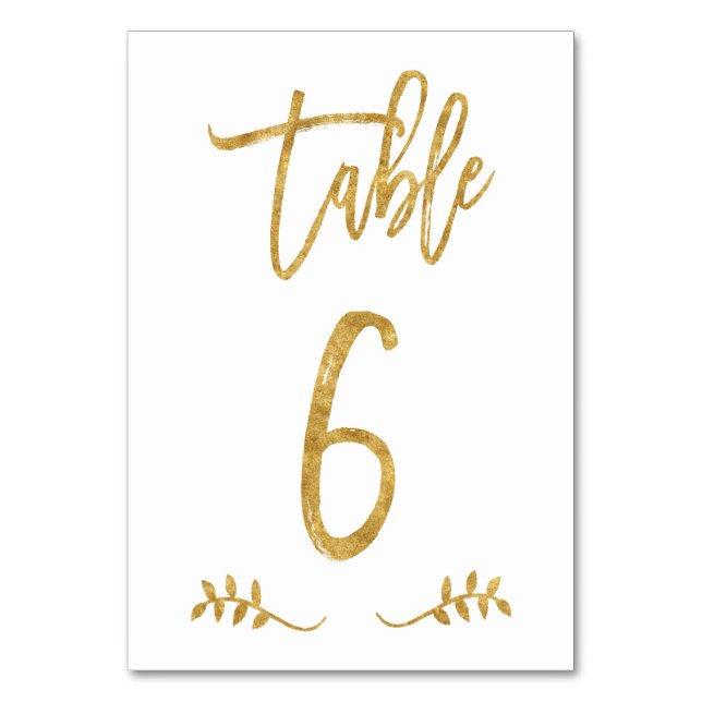 Tabelle 6 | Elegante Gold Handwriting Brushed Laur Tischnummer (Vorderseite)