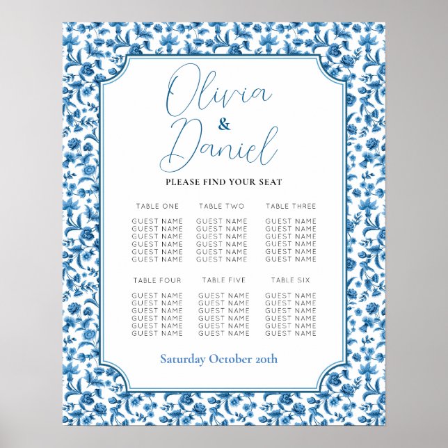 Tabelle 6 Sitzplan Hochzeit Chintz Blue & White Poster (Vorne)