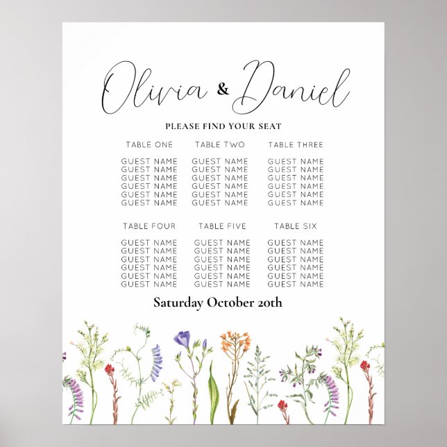 Tabelle 6 Sitzplan Hochzeiten Wildblumen Poster (Vorne)