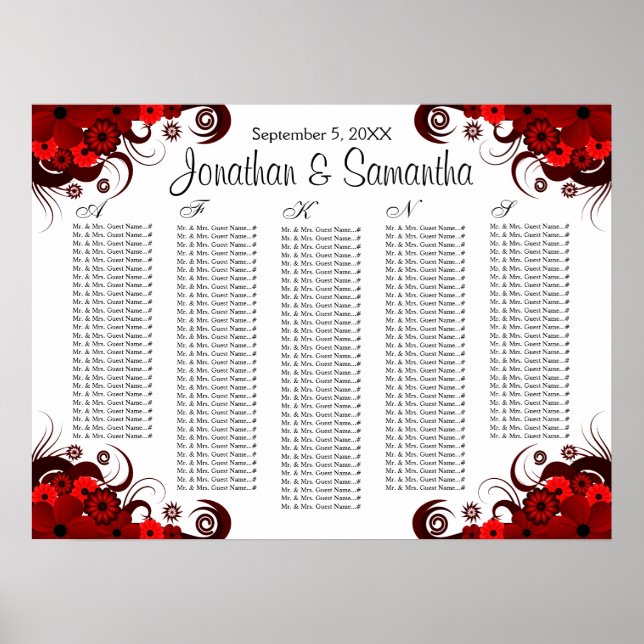 Tabelle mit roten Blüten und weißen Hochzeitstisch Poster (Vorne)