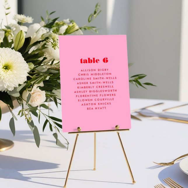 Tabelle Sitzdiagramme in Rosa und Rot (Pink and Red Bold Typography Wedding Table Seating Chart Card)