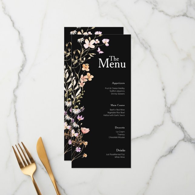 Tabellendekor für das Hochzeitmenü von Black Blume Menükarte (Vorderseite/Rückseite Beispiel)