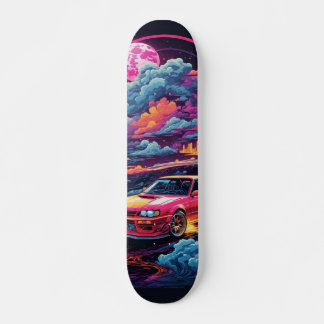 Tabla de Skate Carro con nubes rosa y azul y Luna Skateboard