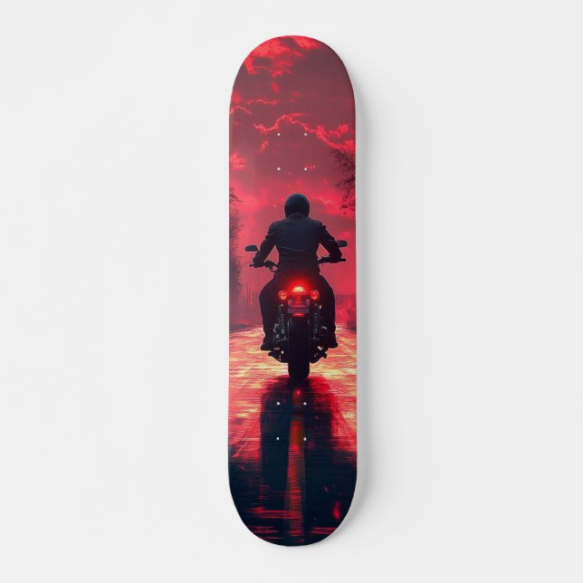 Tabla de Skate Motociclista Solitario en Atardecer Skateboard (Vorne)