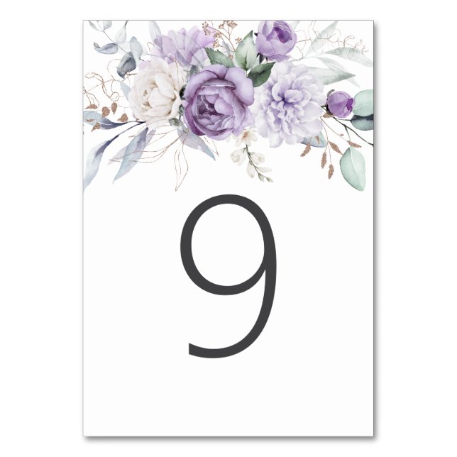 Table Nine Watercolor Lila Blumenhochzeit Tischnummer (Vorderseite)