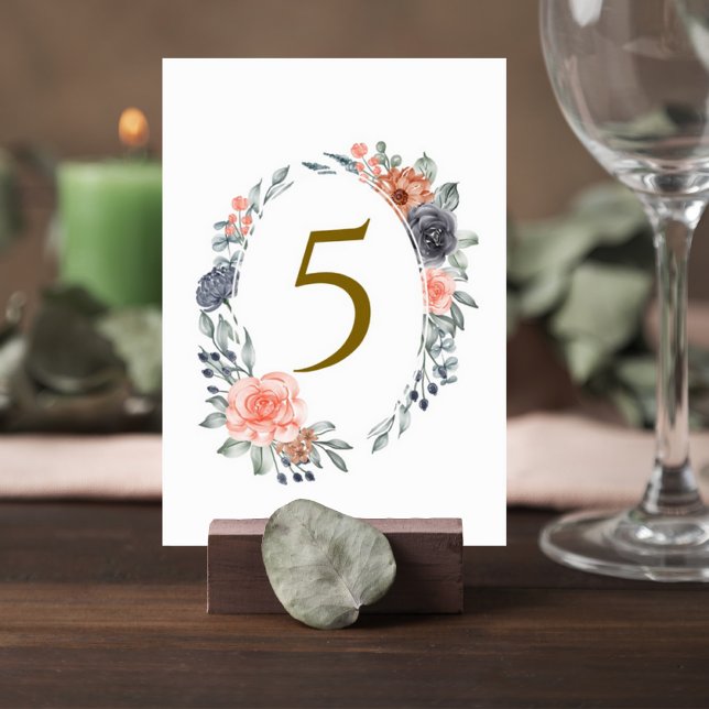 Table Number Card with Soft Peach & Blue Flowers Tischnummer (Von Creator hochgeladen)
