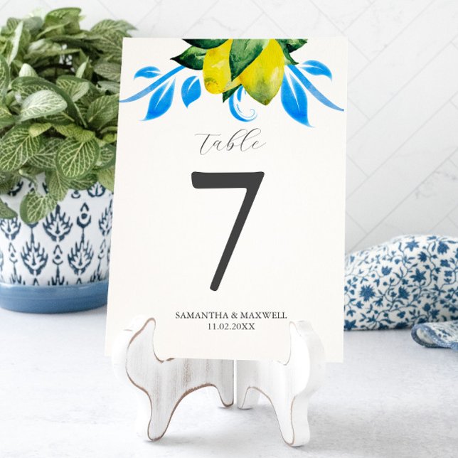 Table Number Lemons Italian Wedding Tischnummer (table number card template botanical blue and yellow lemons watercolor art by Victoria Grigaliunas)