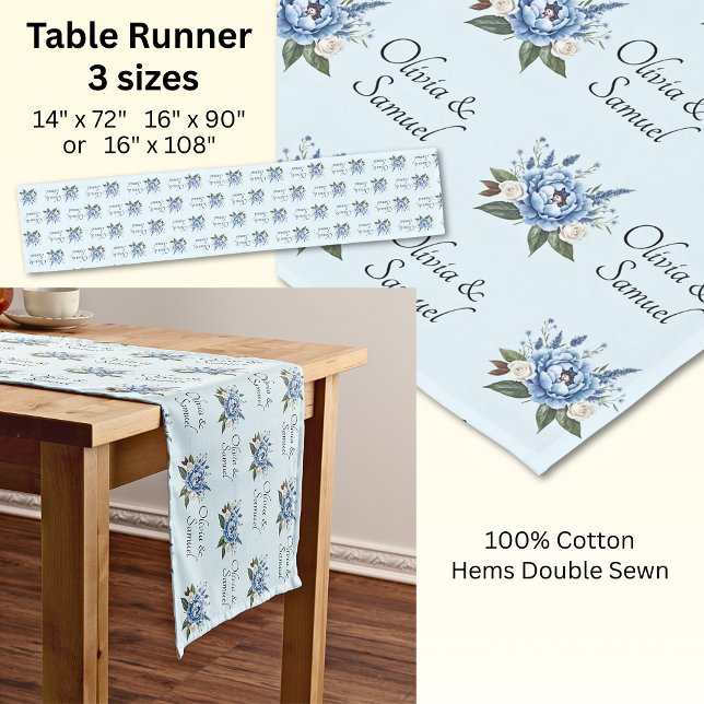 Table Runner Add Names Blue Peony Wedding Suite, Kurzer Tischläufer (Von Creator hochgeladen)