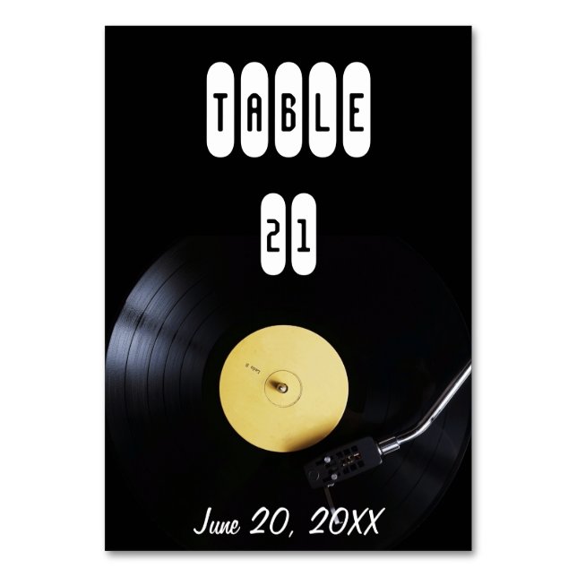 TableCard: Vinyl Record auf Turntable. Retro-Thema Tischnummer (Vorderseite)