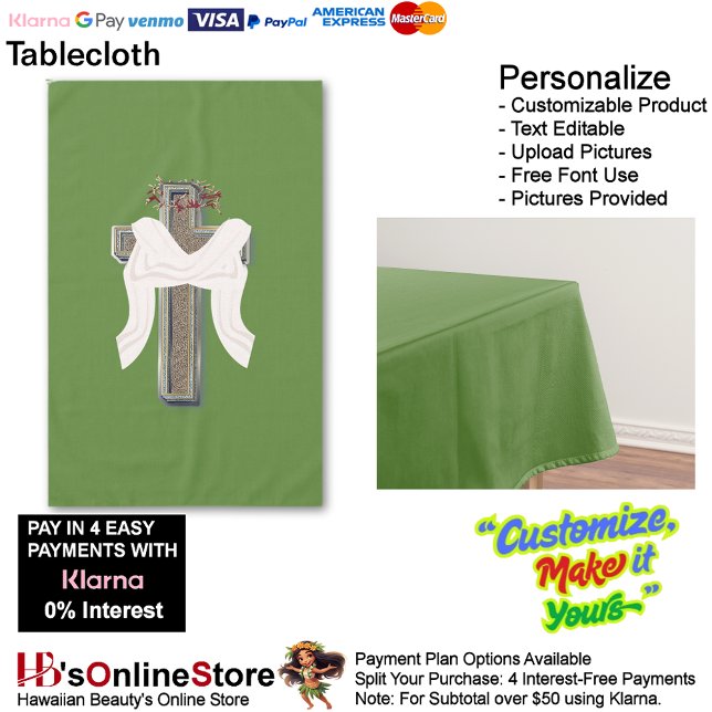 Tablecloth Household Leinen Grüner Hintergrund Tischdecke (Cross Tablecloth Linen with Green Background.)
