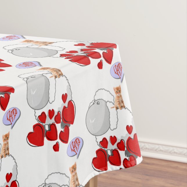 Tablecloth White Sheep Red Hearts Kitten Tischdecke (Beispiel)