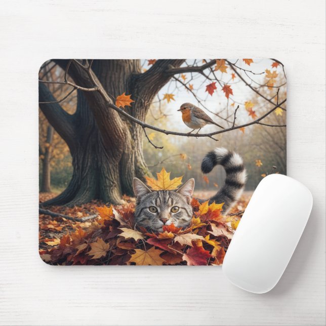 Tablettenkatze In einem Pil aus Herbstblättern Mousepad (Mit Mouse)