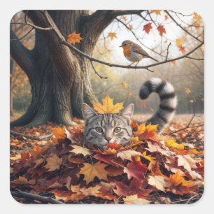 Tablettenkatze In einem Pil aus Herbstblättern Quadratischer Aufkleber
