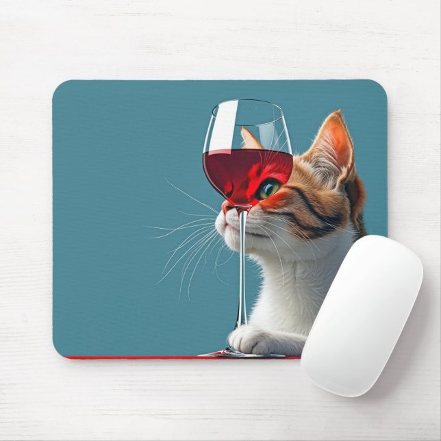 Tablettenkatze mit Glas aus Rotwein Mousepad (Mit Mouse)