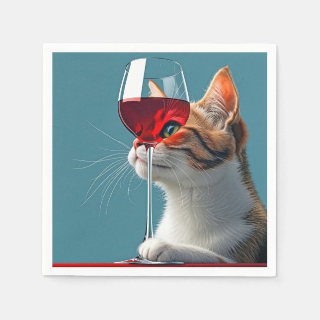 Tablettenkatze mit Glas aus Rotwein Serviette (Vorderseite)