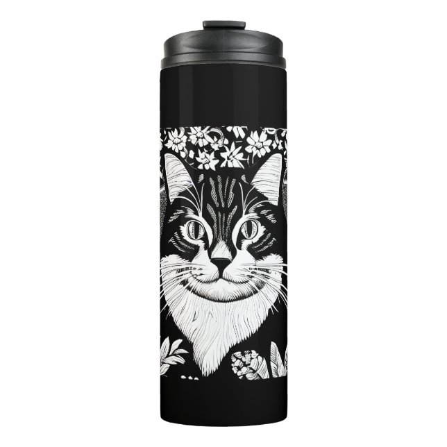Tablettenkatze Umgeben mit Blume Thermosbecher (Vorderseite)