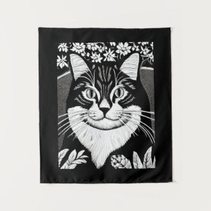 Tablettenkatze Umgeben mit Blume Wandteppich
