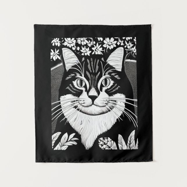 Tablettenkatze Umgeben mit Blume Wandteppich (Vorderseite)