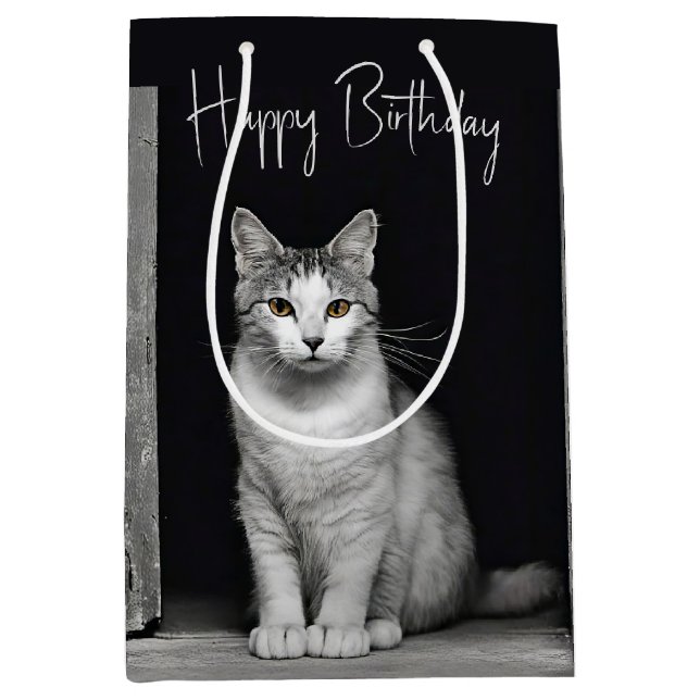 Tablettenkatze zum Geburtstag in der Tür Mittlere Geschenktüte (Vorderseite)