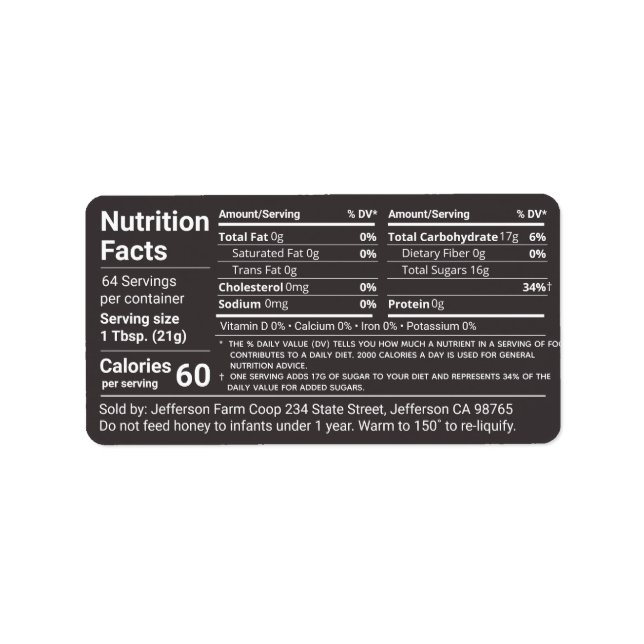 Tabular Honey Nutrition Facts Jet Black Adressaufkleber (Vorne)