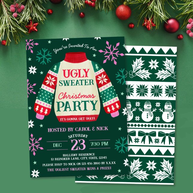 Tacky Festive Ugly Sweater Party Rot und Grün Einladung (Tacky Festive Ugly Sweater Party Red and Green Invitation)