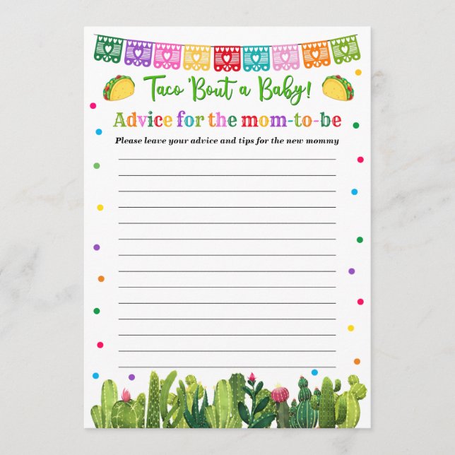 Taco Baby Shower Advice for Mommy Game Hinweiskarte (Vorderseite)