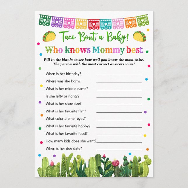 Taco Baby Shower kennt Mommy Best Game Hinweiskarte (Vorderseite)