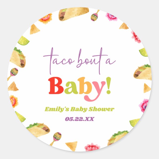 Taco Bout A Baby! Fiesta Baby Shower Runder Aufkleber (Vorderseite)