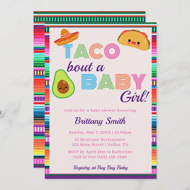 Taco Bout A Baby Girl Fiesta Stripe Baby Dusche Einladung (Vorne/Hinten)