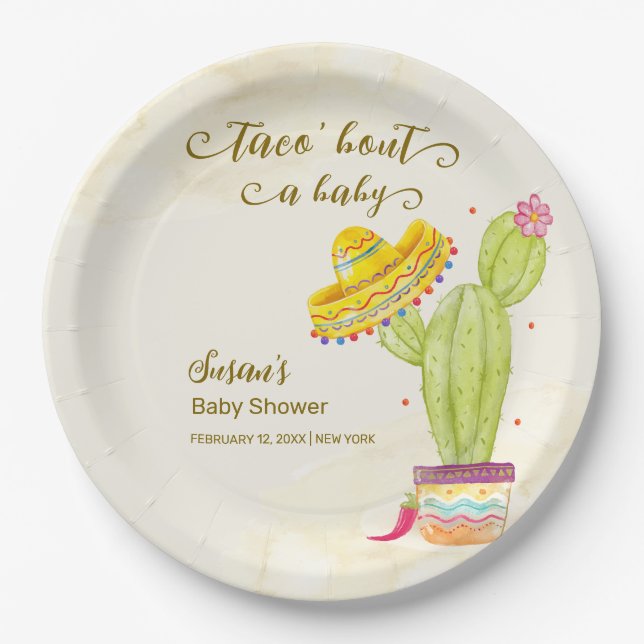 Taco 'Bout A Baby Watercolor Cactus Baby Shower Pappteller (Vorderseite)