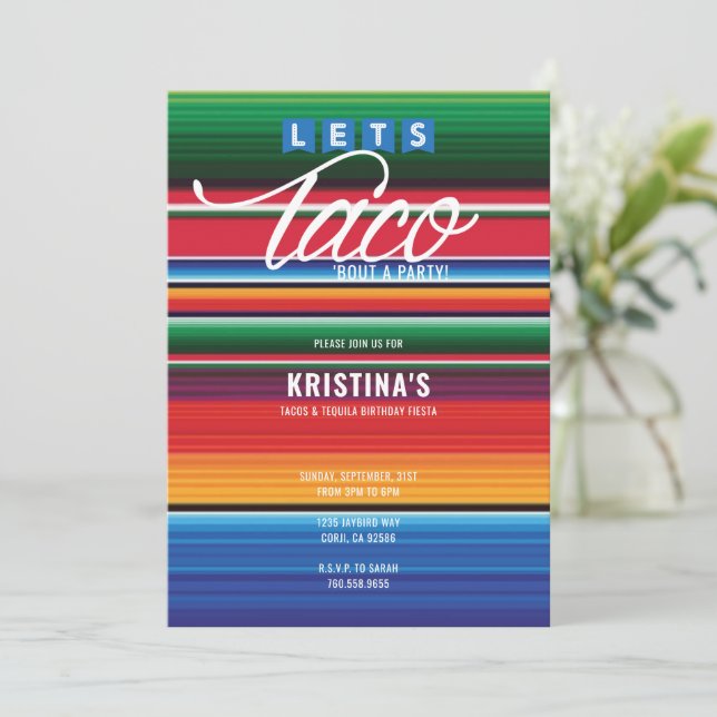 Taco Bout ein Party Thema farbenfrohe mexikanische Einladung (Stehend Vorderseite)