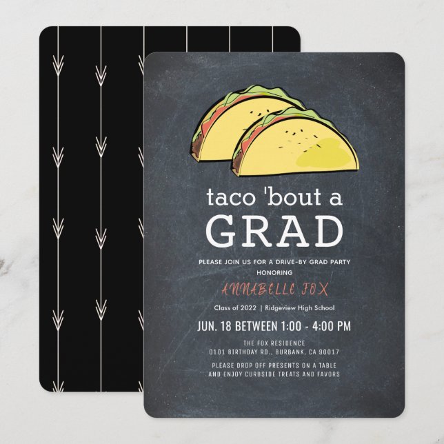 Taco Bout GRAD Chalkboard Drive by Blk Abschluss Einladung (Vorne/Hinten)