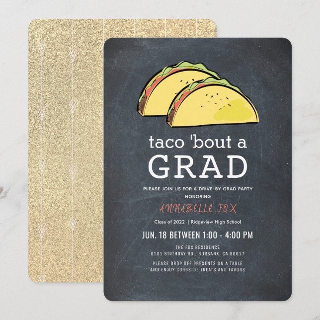 Taco Bout GRAD Chalkboard Gold Drive-by-Abschluss Einladung (Vorne/Hinten)