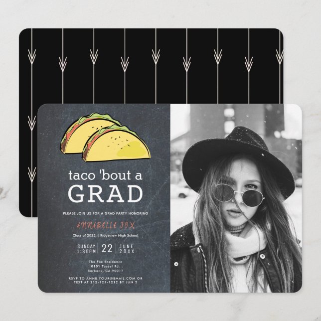 Taco Bout GRAD Foto Chalkboard Schwarzer Abschluss Einladung (Vorne/Hinten)